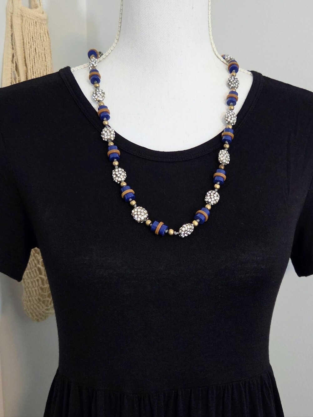 J. Crew Navy Blue & Gold Beaded Rhinestone Crystal Pave Necklace